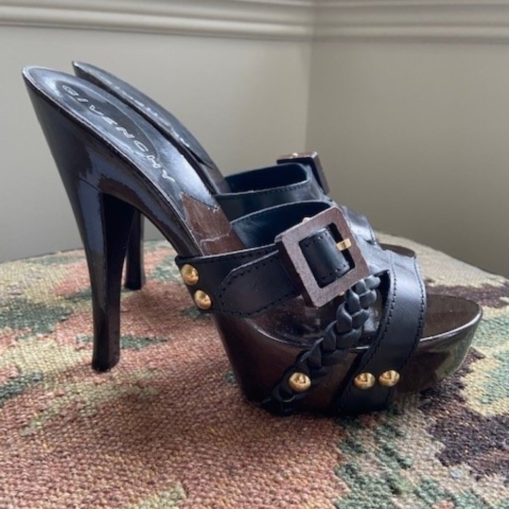 Dark Brown Braided Leather Platforms with Studs & Wooden Buckle 37.5